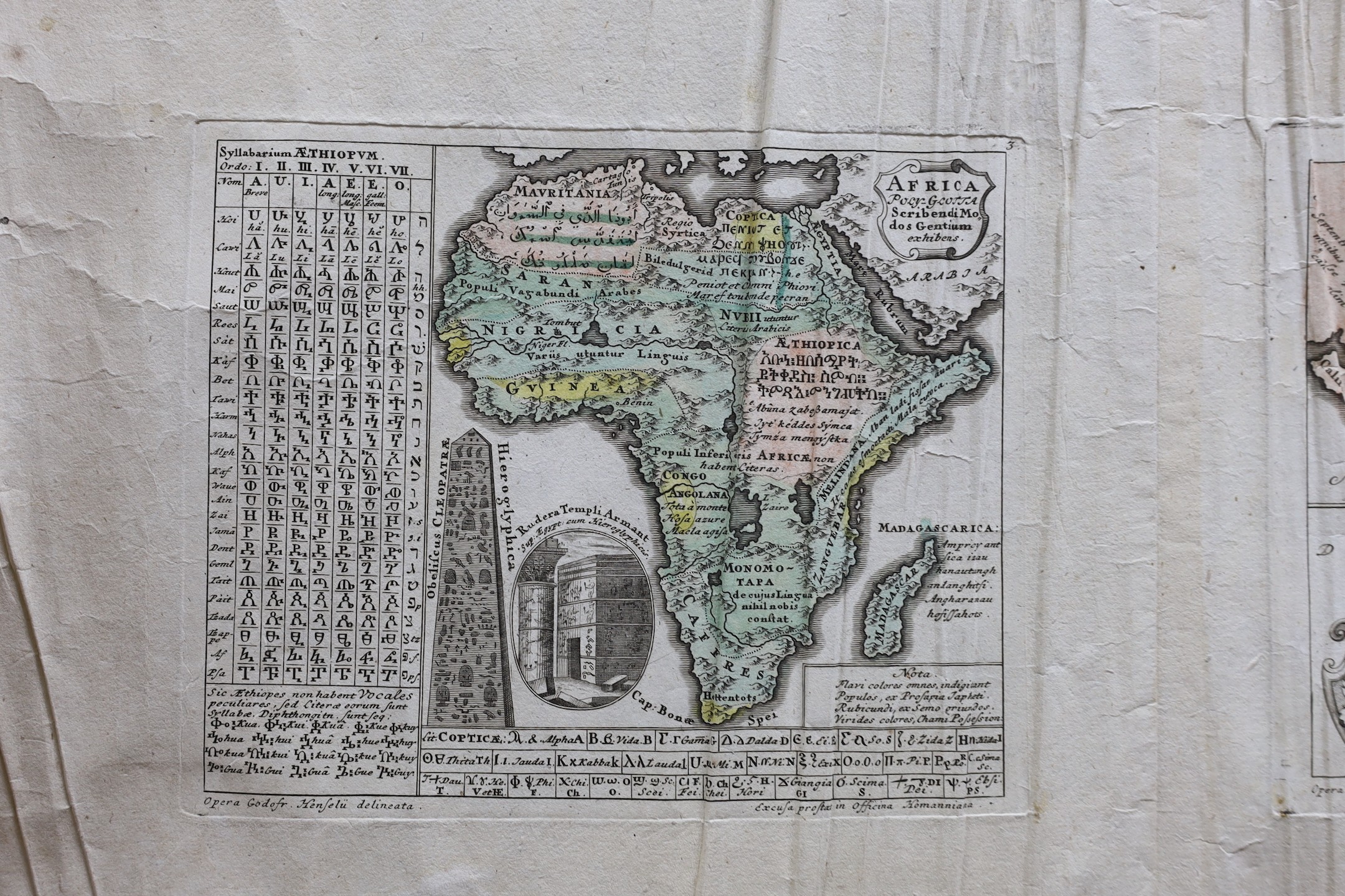 Godofredo Henselio [i.e., Gottfried Hensel], Scholae A. C. ap. Hirschb, four mappae geographico-polyglottae, in various languages and scripts, Nuremburg: Homann Heirs, 1741. and another map of Europe